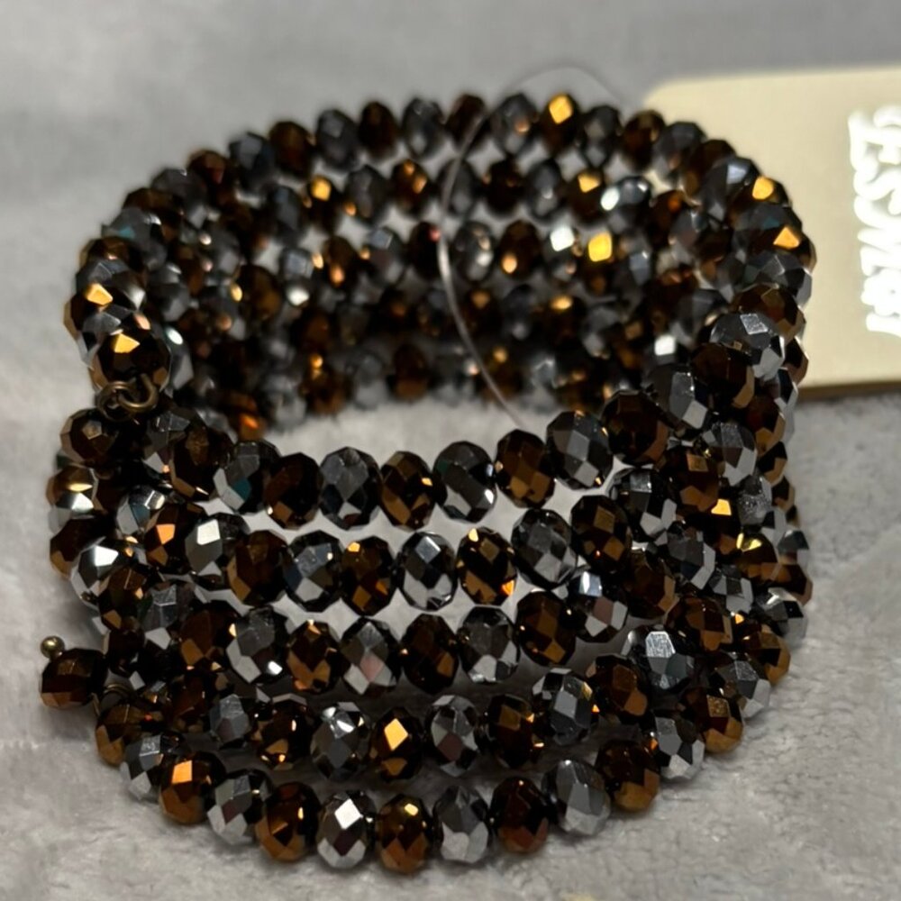 Brown And Silver faceted Glass Bead Spring Coil Bangle Bracelet